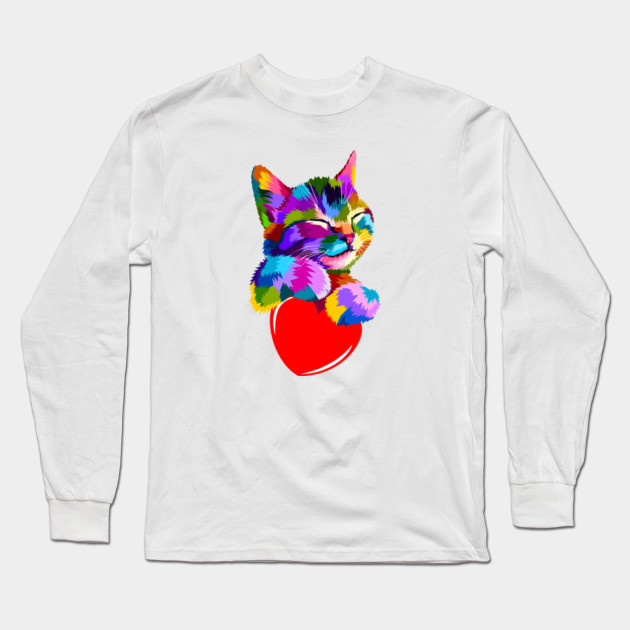Colorful Cat Pop Art Kitty Kitten Hug A Heart Meow Painting Cat