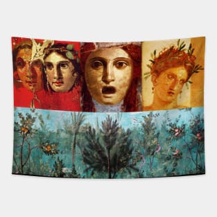 ANTIQUE ROMAN PAINTINGS ,GREEK THEATER MASKS WITH FLOWER GARDEN Tapestry