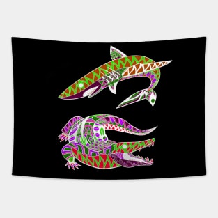 shark and the gator ecopop art in pattern swamp Tapestry