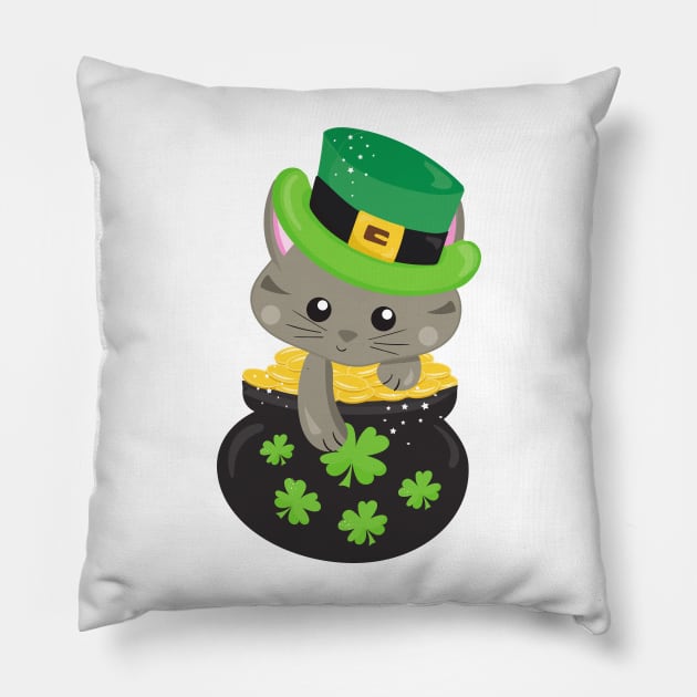 Saint Patrick's Day Cat, Clovers, Pot Of Gold Pillow by Jelena Dunčević