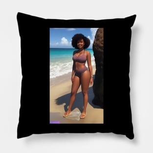 Dark-haired woman at the beach is a sight for sore eyes. Pillow