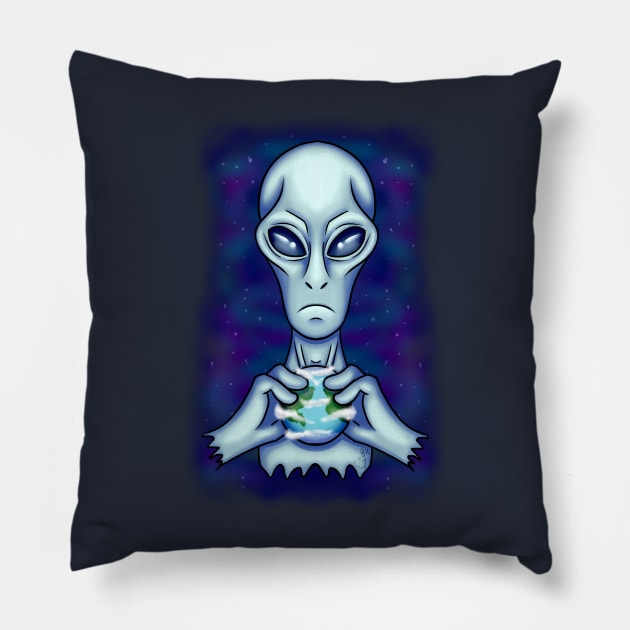 Grey Alien with Earth Pillow by Bluekittie