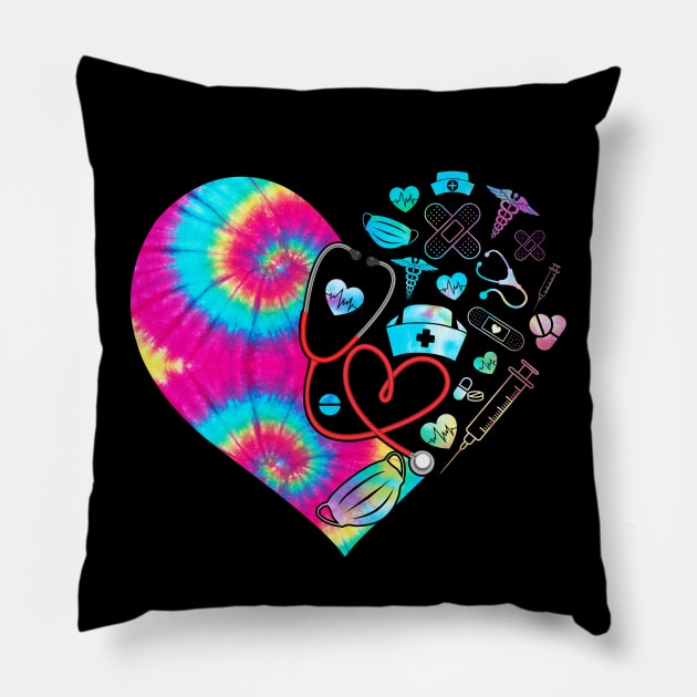 Cute Tie Dye Heart Stethoscope Nurse Pillow by Magazine