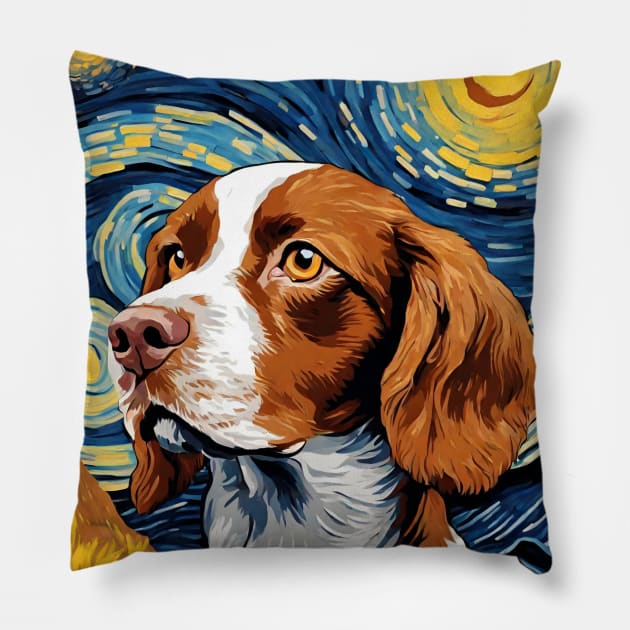 Cute Brittany Spaniel Dog Breed Painting in a Van Gogh Starry Night Art Style Pillow by Art-Jiyuu