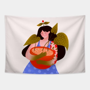 Cute girl nature lover with big green plant, version 2 Tapestry