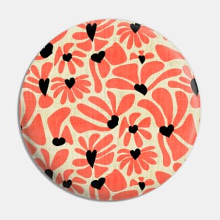 Retro Whimsy Daisy Hearts- 70s Flower Power- Coral Black Valentine Floral Pin