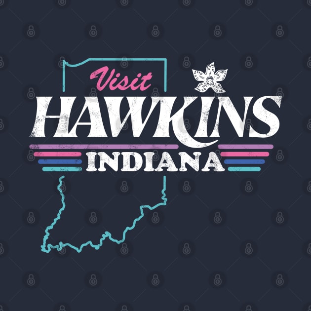 Visit Hawkins, Indiana – Stranger Things 1980s Tourist Souvenir design with Demogorgon by thedesigngarden