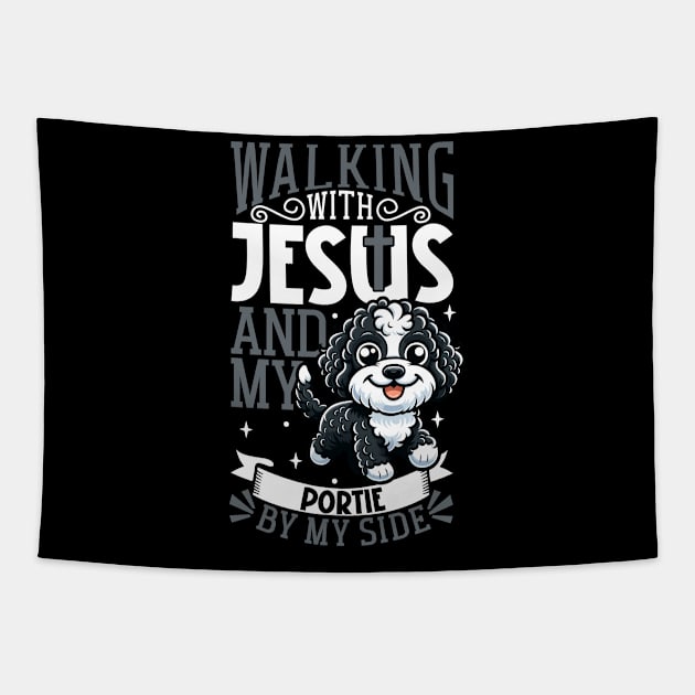 Jesus and dog - Portuguese Water Dog Tapestry by Modern Medieval Design