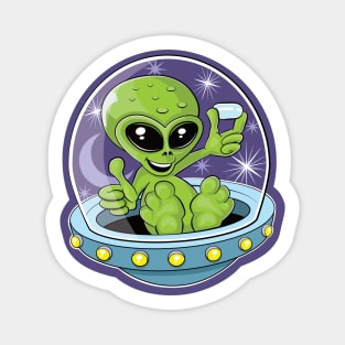 Illustration of a cute alien holding candy in a flying saucer Magnet