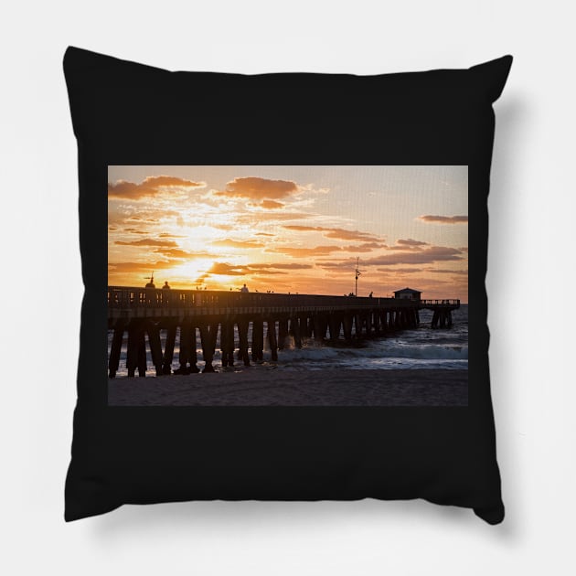 Pompano Beach Fishing Pier at Sunrise Florida Sunrise Pillow by WayneOxfordPh