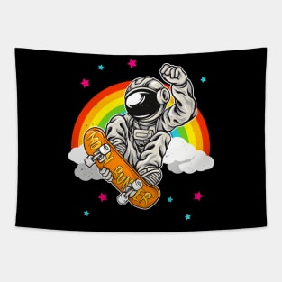 Skater Astronaut with Rainbow Space Skateboard Tapestry