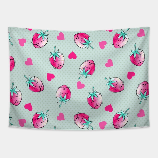 Cute Kawaii Strawberry Fruit Watercolor Tapestry by Farissa