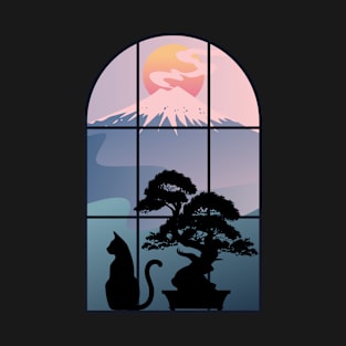 Cat and Bonsai in Mt. Fuji T-Shirt