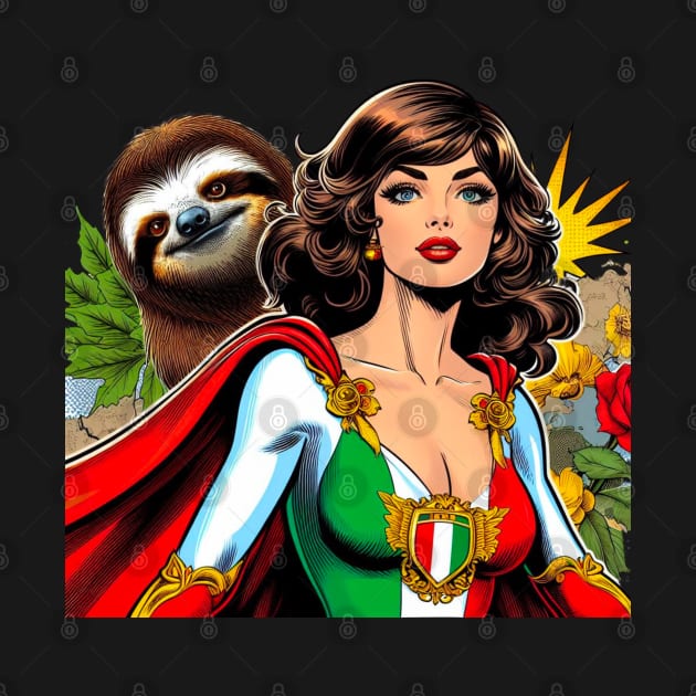 Italian Female Comic Book Superhero with Sloth by Woodpile