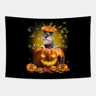 Grey Miniature Schnauzer Spooky Halloween Pumpkin Dog Head Tapestry