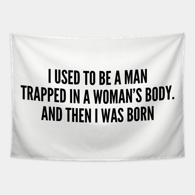 Funny - I Used To Be A Man Trapped In A Woman's Body And Then I Was Born - Funny Joke Statement Humor Slogan Tapestry by sillyslogans