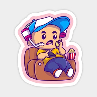 Cute Boy Eating Popcorn On Sofa Cartoon Magnet