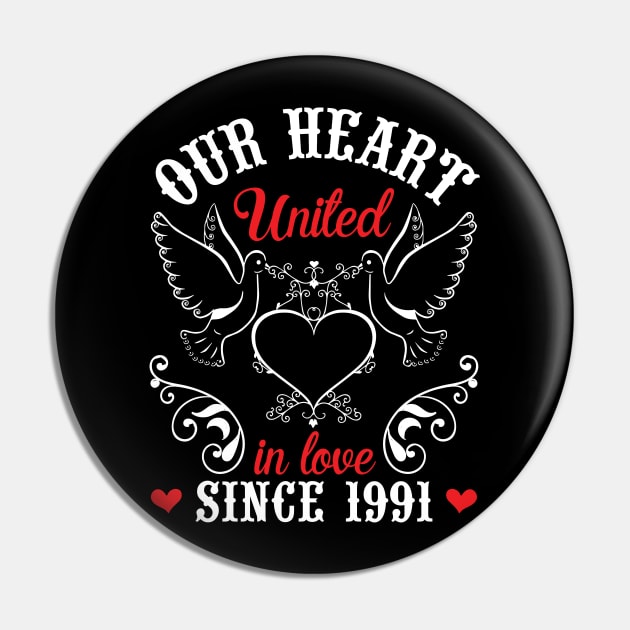 Husband Wife Our Heart United In Love Since 1991 Happy Wedding Married 29 Years Anniversary Pin by joandraelliot