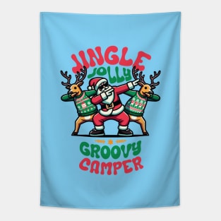 Camper - Holly Jingle Jolly Groovy Santa and Reindeers in Ugly Sweater Dabbing Dancing. Personalized Christmas Tapestry