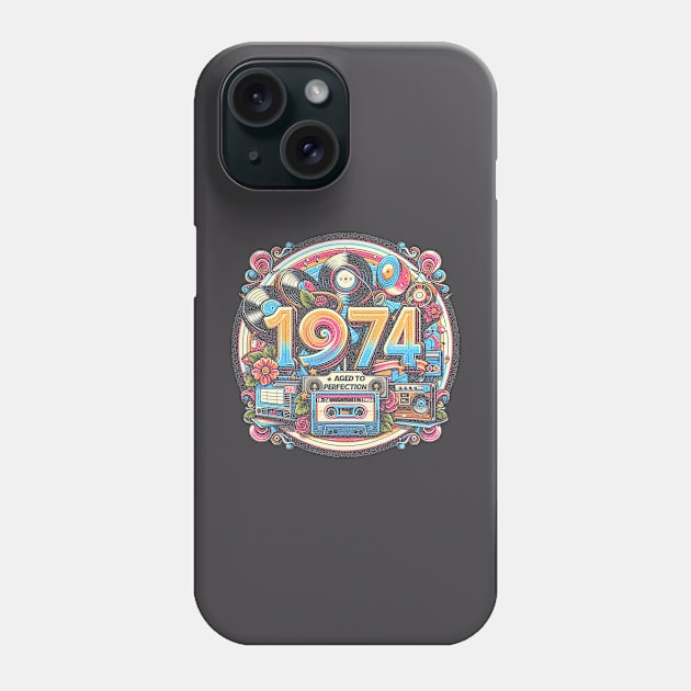 1974 Birthday Nostalgia: Vinyl records and tapes, Born in '74, 70s groovy vibes Phone Case by O.M.Art&Yoga