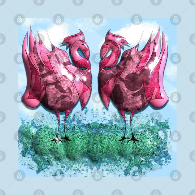 Mirroring, pink birds by Nourelyakine_art