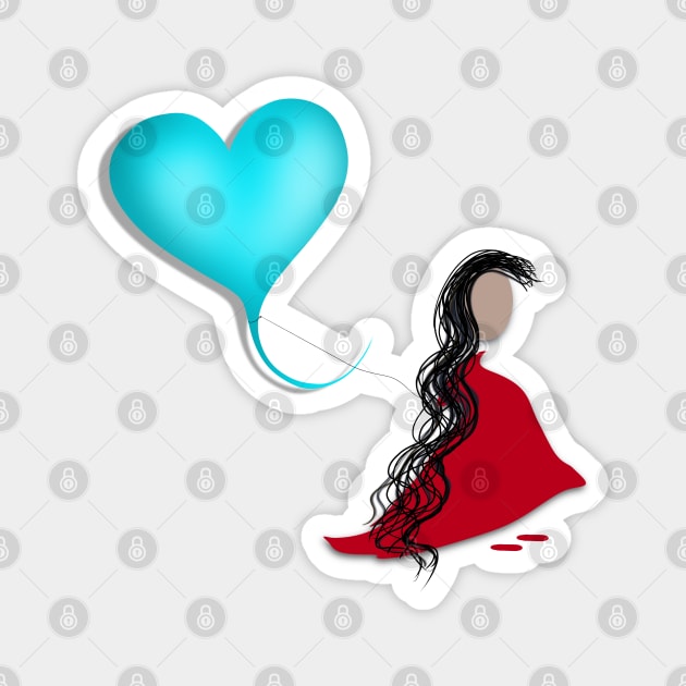 Girl in a red dress holding a blue balloon Magnet by FlippinTurtles