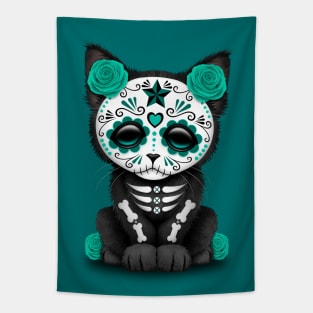 Cute Teal Blue Day of the Dead Kitten Cat Tapestry