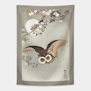 Scops Owl in flight, with cherry blossoms Tapestry