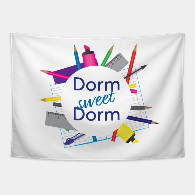 Dorm Sweet Dorm circle with school supplies Tapestry by sigdesign