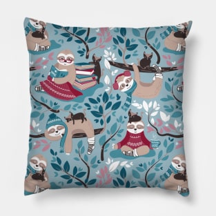 Hygge sloth // pattern // pale blue and red Pillow