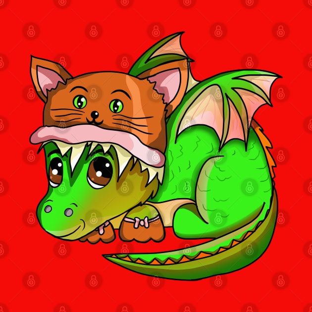 Cute Green Baby Dragon Wearing a Cat Hat by cuisinecat