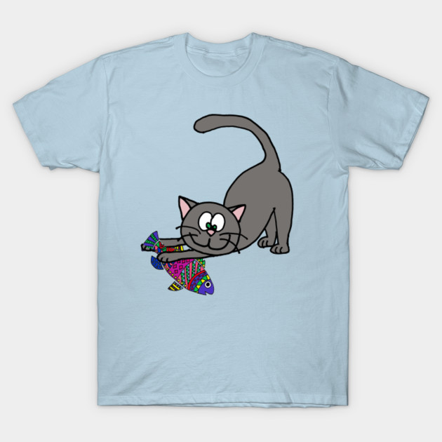 Disover Funny Grey Cat with Colorful Fish - Cat - T-Shirt