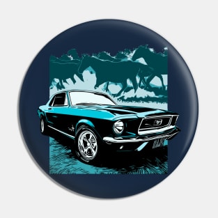 Blue 1968 Ford Mustang with Horses Pin