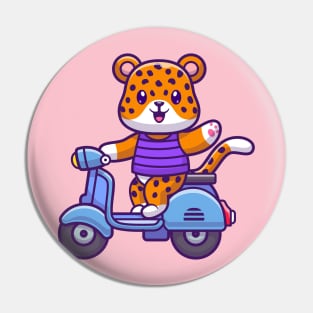 Cute Cheetah Tiger Riding Scooter And Waving Hand Cartoon Pin