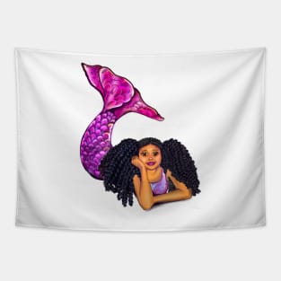 Magical rainbow mermaid lying on sand with brown eyes curly Afro hair and caramel skin, black mermaid Tapestry