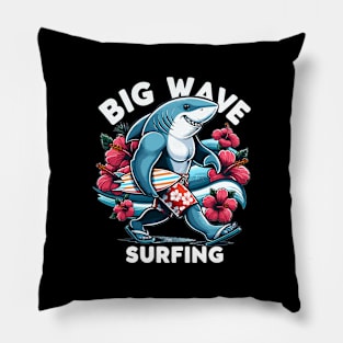 Surf's Up: Fun Shark With A Surfboard For Big Wave Surfing Pillow