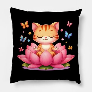 Zen Cat Meditating on Lotus Flower with Butterflies Pillow