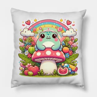 Enchanted Mushroom Meadow - Adorable Pastel Frog Fantasy Pillow