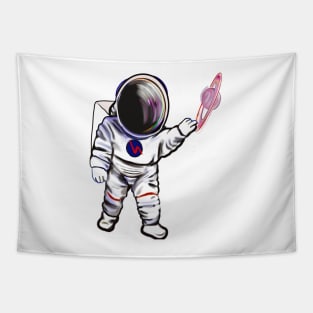 Astronaut 2 in Space suit reaching  out to touch Saturn’s ring - cute Cavoodle, Cavapoo, Cavalier King Charles Spaniel Tapestry