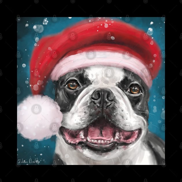 Painting of a Happy Boston Terrier Wearing a Santa Hat and Smiling on a Snowy Night Background by ibadishi