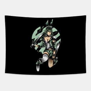 Artwork Illustration Of Green Bunny Girl In Action With Sword Tapestry