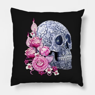 Unique Cool Blue Floral Pink Flowers Skull Pillow