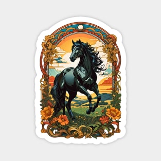 Black Horse Stallion Sunset retro vintage floral design Magnet