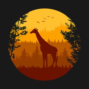 giraffe and flock of birds in autumn forest T-Shirt