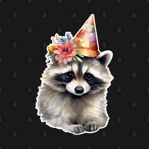 Raccoon Princess in floral cone hat by beangeerie