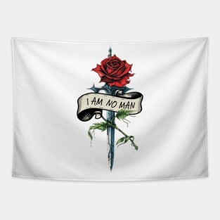 I am no man - Sword, Single Rose and Banner - White - Fantasy Tapestry