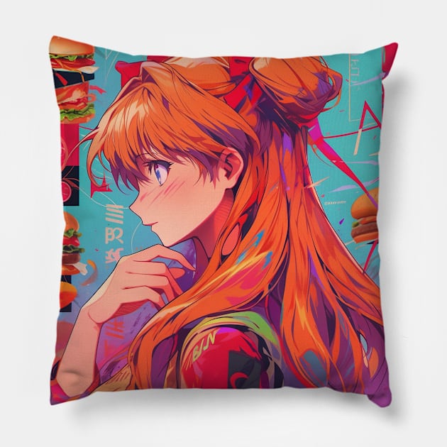 asuka burger Pillow by WabiSabi Wonders