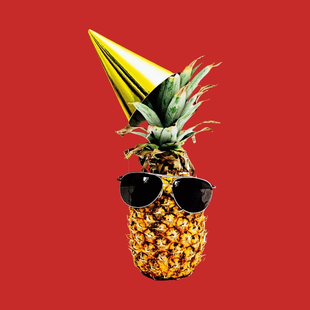 Funny pineapple wearing black aviator style sunglasses and party hat by à la mode !