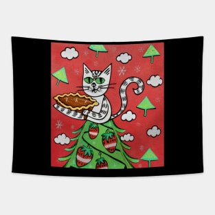 cat on Christmas tree holding pumpkin pie Tapestry