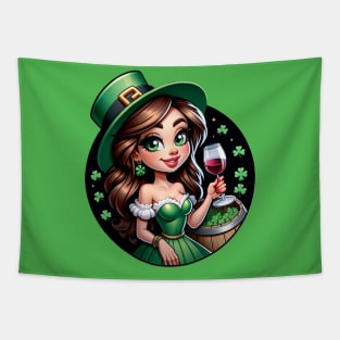 Pretty Irish Girl in green with shamrocks and a glass of wine Tapestry